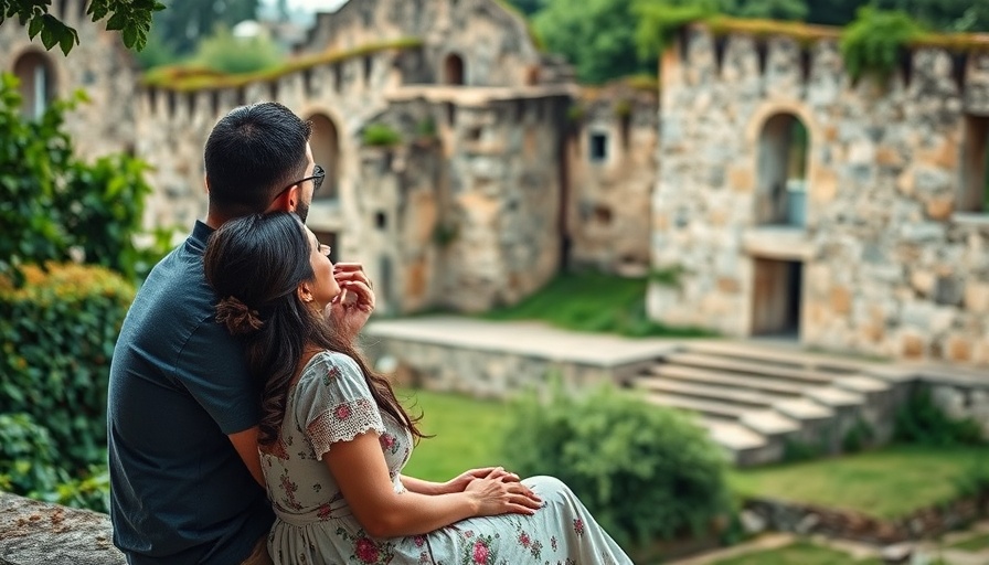 Couple seated together at ancient site, travel podcast cover.