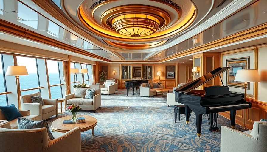 Luxurious cruise ship suites with elegant furnishings and sea view.
