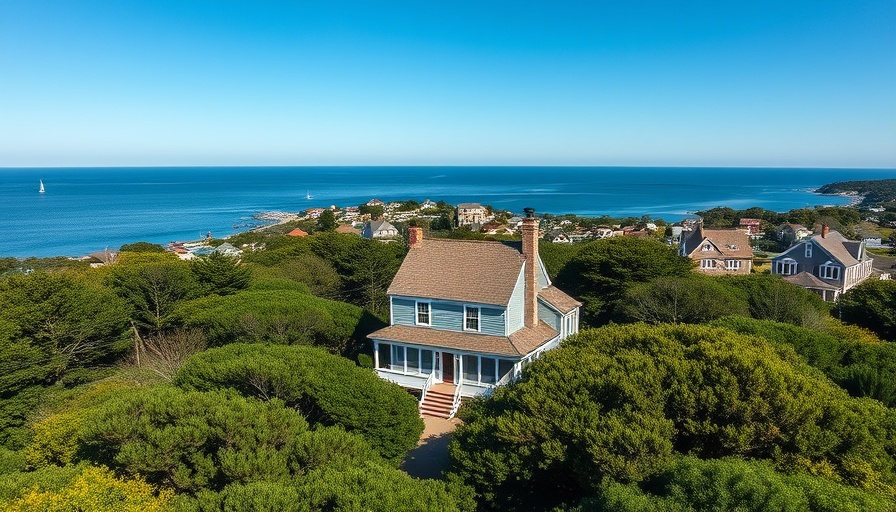 Aerial view of Cape Cod Airbnb surrounded by greenery and ocean.