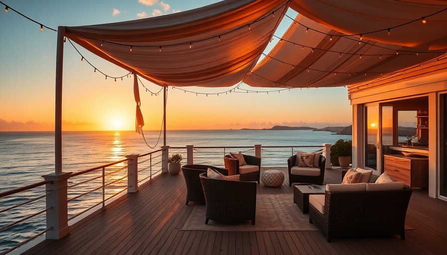 Luxury honeymoon destinations with ocean view terrace at sunset.