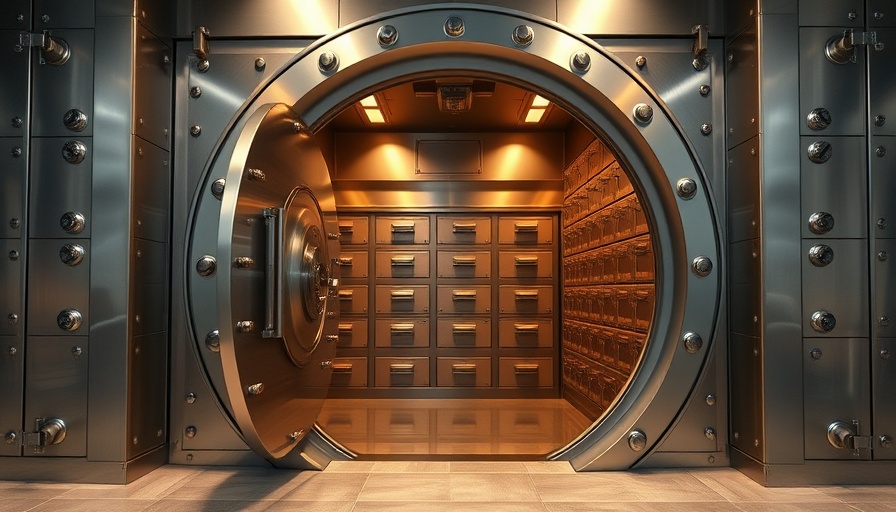 Massive steel vault door in a luxurious boutique accommodation, open to reveal an interior with safety deposit boxes, signifying security and opulence.