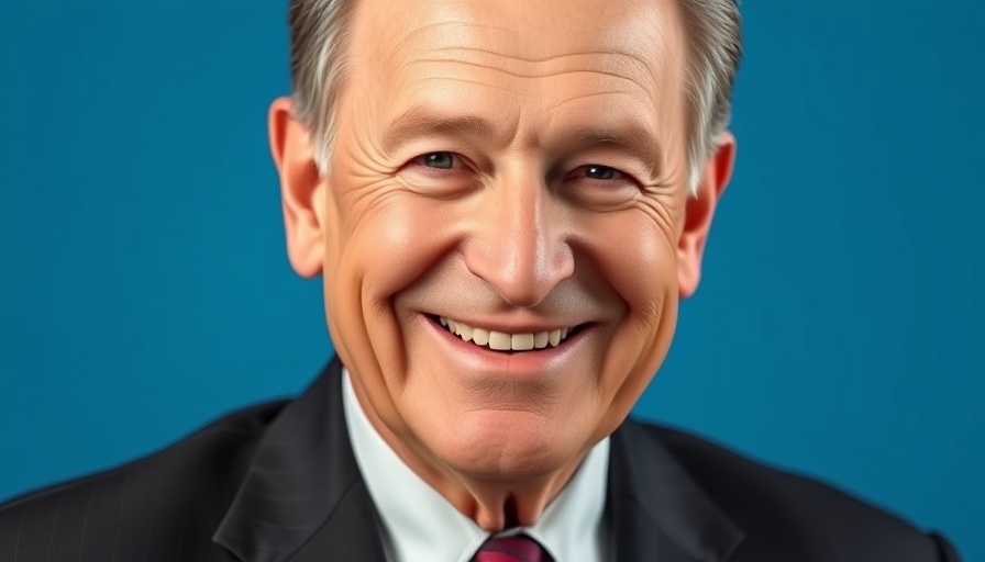 Confident man in suit smiling against blue background.