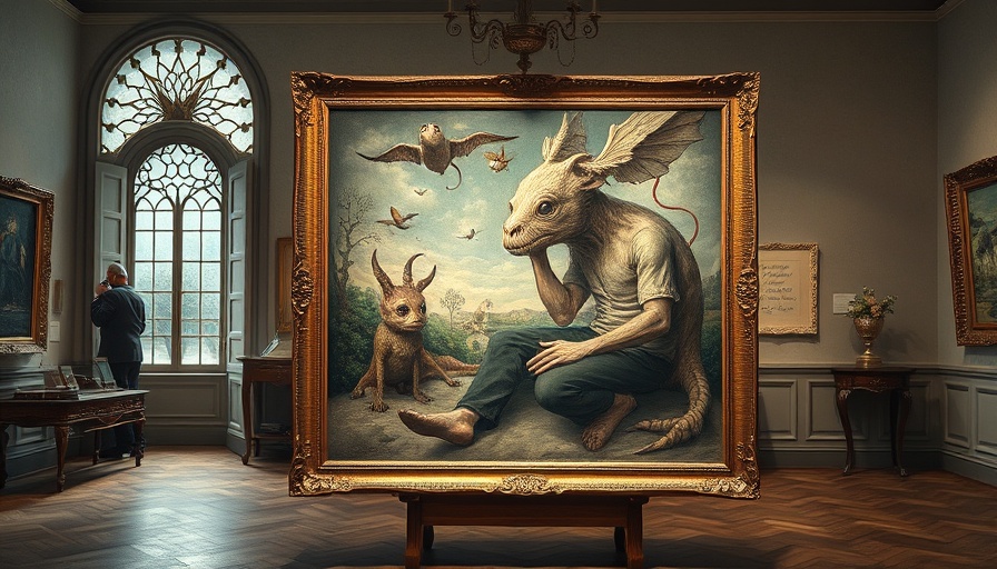 Surreal painting by famous surrealist artist, featuring a person and mythical creature.