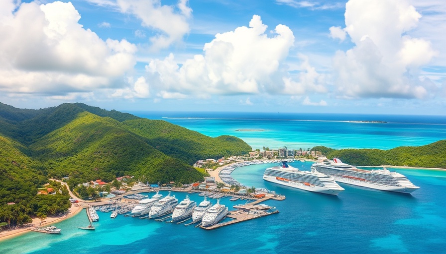 View of a vibrant Caribbean cruise port surrounded by lush hills.