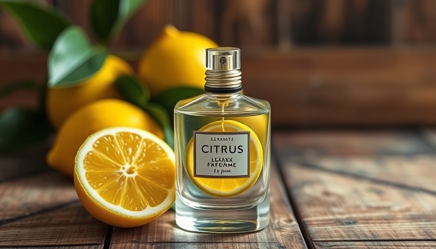 Elegant citrus essence perfume bottle on rustic table.