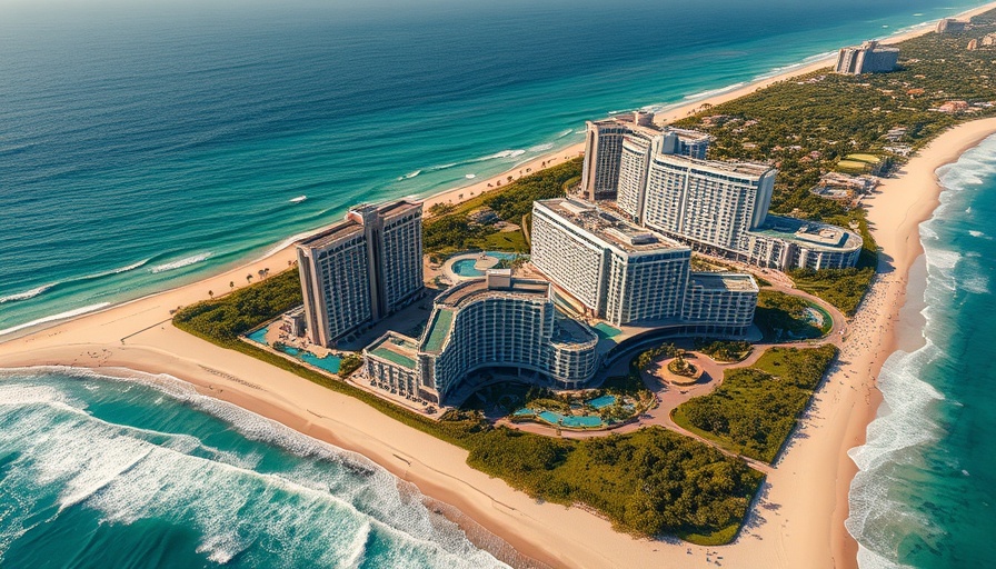 Luxury hotels along a sandy beach with oceanfront view and modern cityscape.