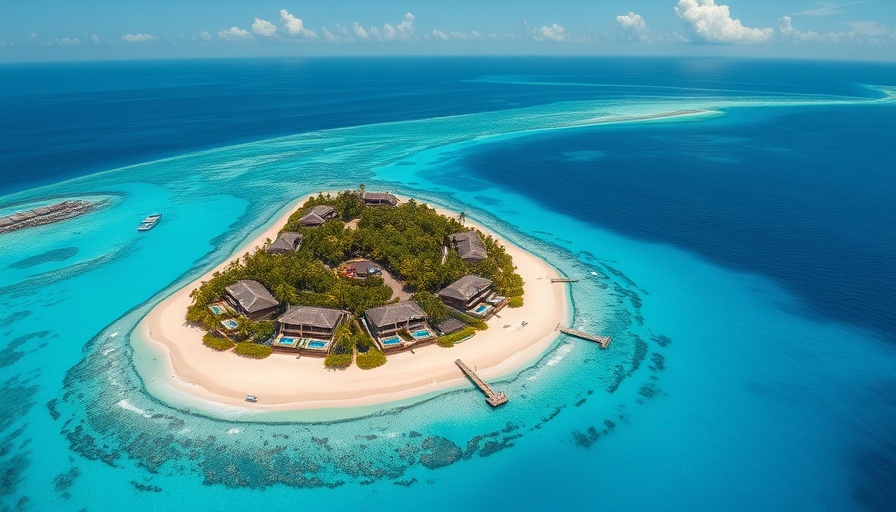 Aerial view of a luxurious Caribbean island with turquoise waters.