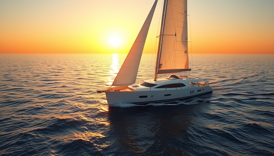Luxury sailboat cruising at sunset, ocean travel.
