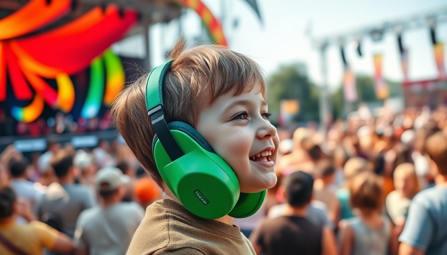 Child using ear protection at a colorful outdoor music festival.