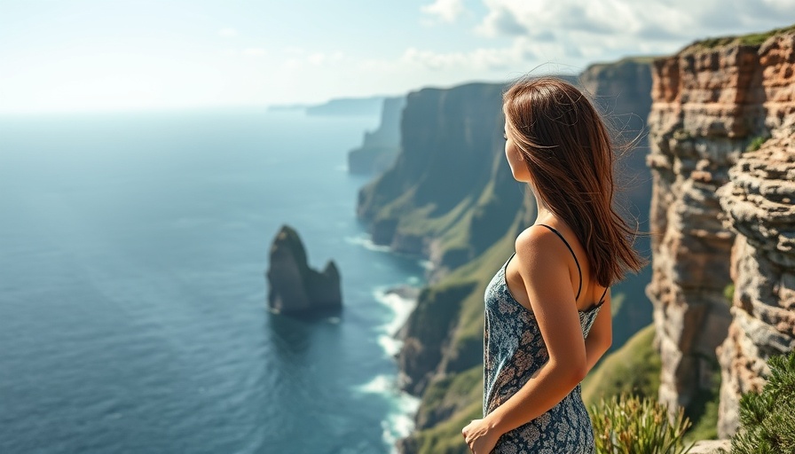 Woman overlooking cliffs and ocean for Luxury Travel News.