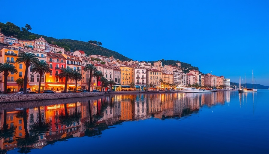 Menton France skyline at dusk with reflections in the sea.