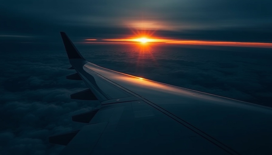 Airplane wing view at sunrise over clouds, luxury travel planning guide.