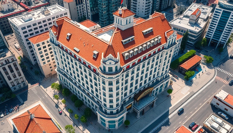 Aerial view of luxury hotel in San Antonio's cityscape.