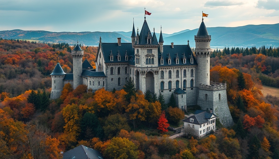 Majestic European castle surrounded by autumn leaves, European Landmarks Travel.