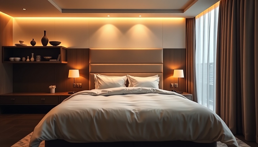 Elegant luxury hotel room with plush bedding and ambient lighting in a boutique setting.
