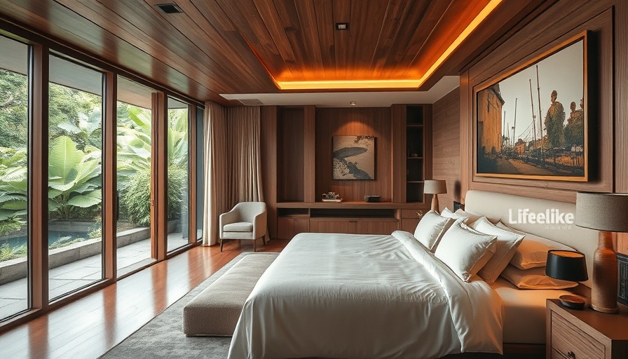 Luxury honeymoon destinations: modern hotel room with lush view.