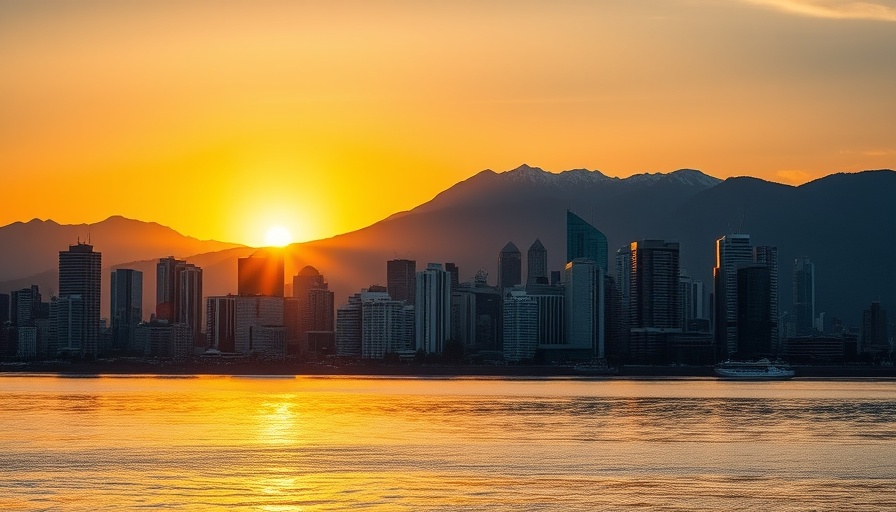 Stunning Vancouver skyline at sunset reflecting on water.