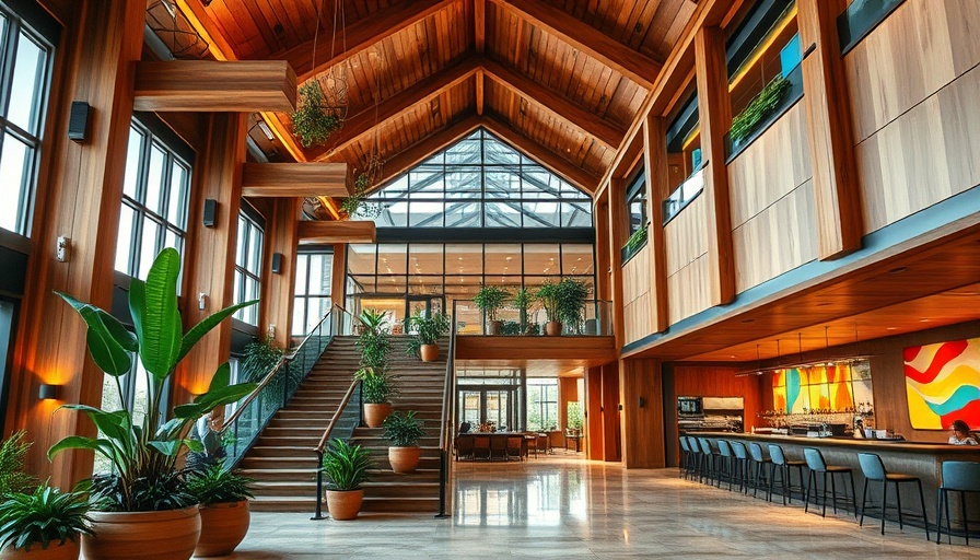 Modern lobby in family-friendly Seattle hotel with greenery and art.