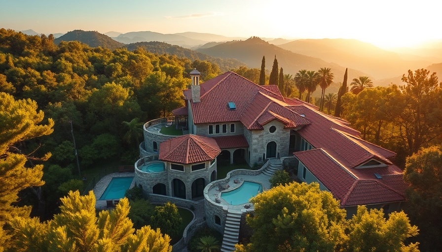 Luxurious wellness retreat surrounded by forest with Mediterranean architecture.