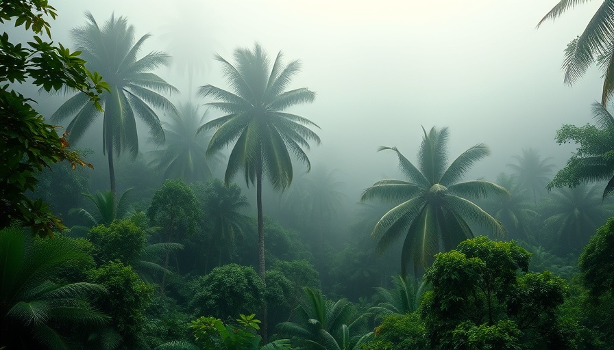 Enchanting misty tropical forest with tall palms, luxury travel experience.