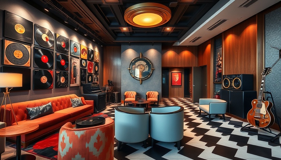 Vibrant music-themed hotel lobby with eclectic decor and vinyl records, ideal for music lovers.