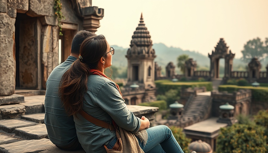 Travel podcast cover with couple at ancient site, burning river endurance run