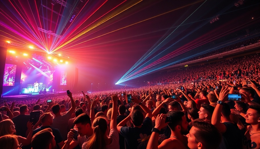 Energetic concert crowd with stage lights, digitize music tour travel atmosphere.