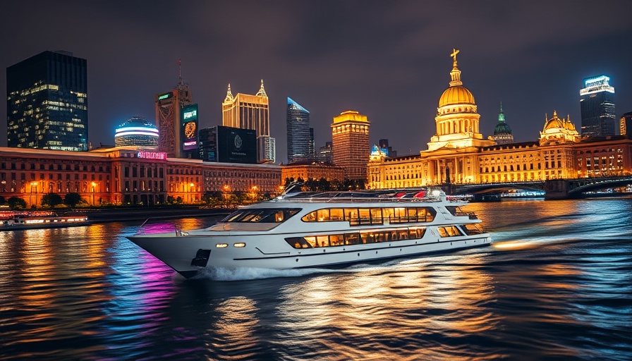 Celebrity River Cruises 2027 sailings through illuminated cityscapes at night.