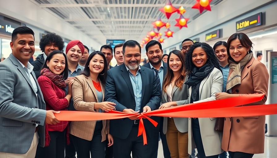 Vibrant airport store opening celebration at JFK showcasing luxury travel experience.