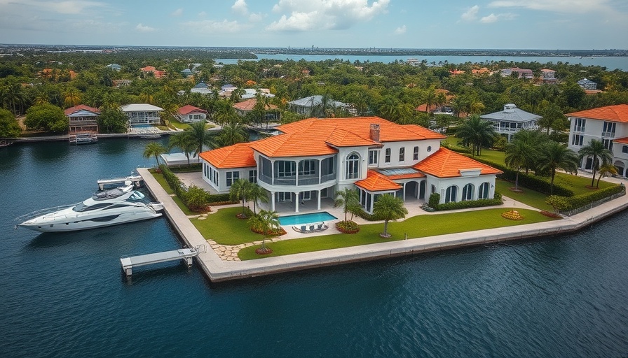Aerial view of Miami luxury villa with yacht.