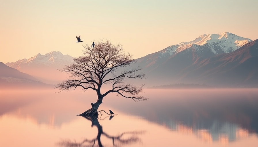 Luxury travel scenery with tree and mountains reflecting tranquil ambiance.