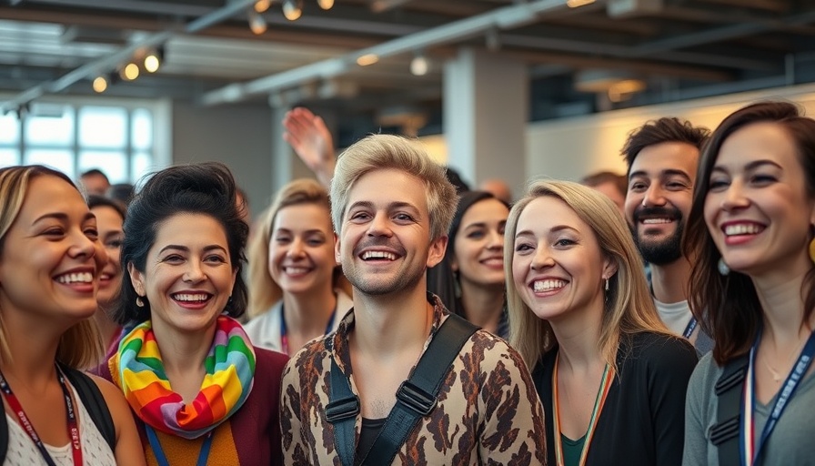 Diverse group at LGBTQ+ tourism event in Brazil, smiling.