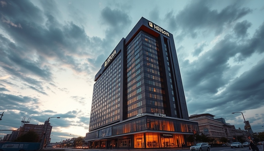 Hilton flagship brand redesign with modern architecture and evening sky.
