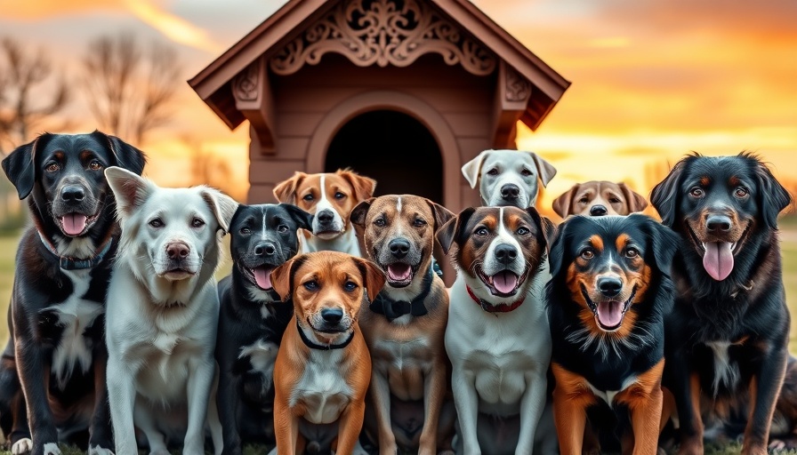 A group of diverse dogs posing in front of an ornate doghouse at sunset.