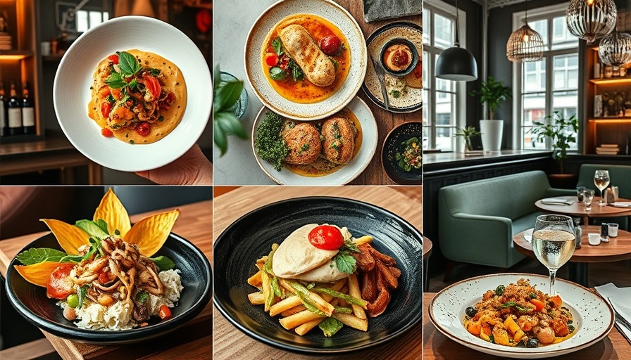 Collage of gourmet dishes and interiors from best restaurants in Copenhagen.