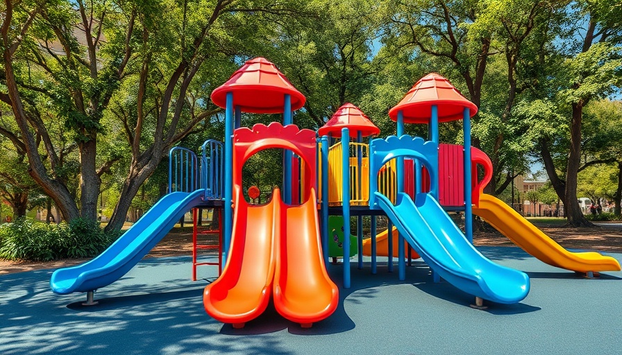 Modern playground in a destination park with slides and trees.