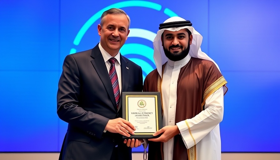Two men proudly holding an award in front of a blue corporate backdrop.
