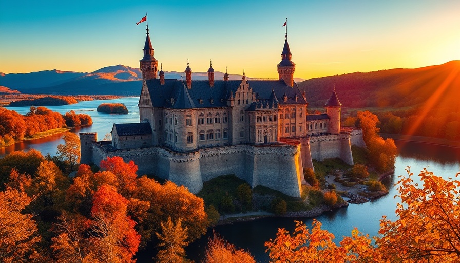 Aerial view of a large medieval castle by a river, one of the largest castles in the world.