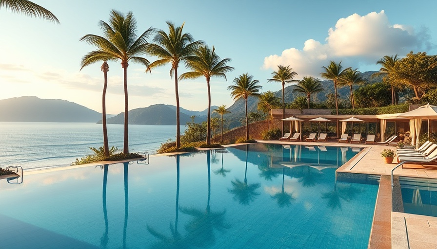 Luxury resort pool in Sicily with palm trees and scenic view.
