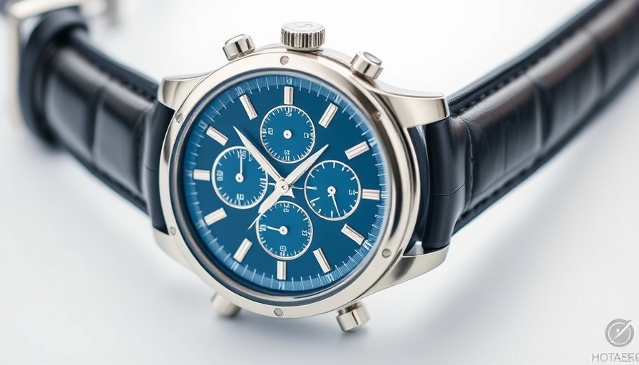 Patek Philippe blue chronograph watch with leather strap.