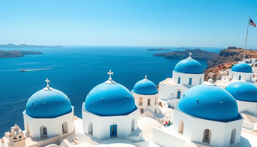 Scenic blue domes in Santorini overlooking the sea under a clear sky.