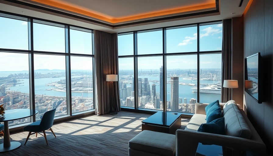 Luxury hotel room with city view in honeymoon destination.