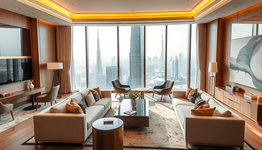 Luxurious hotel suite in Dubai with city view.