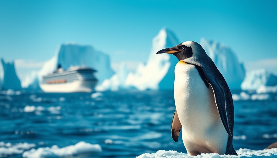 Penguin watching a ship on a polar cruise amid icebergs.