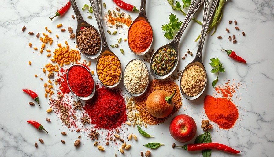 Assorted spices on spoons and herbs on marble surface.