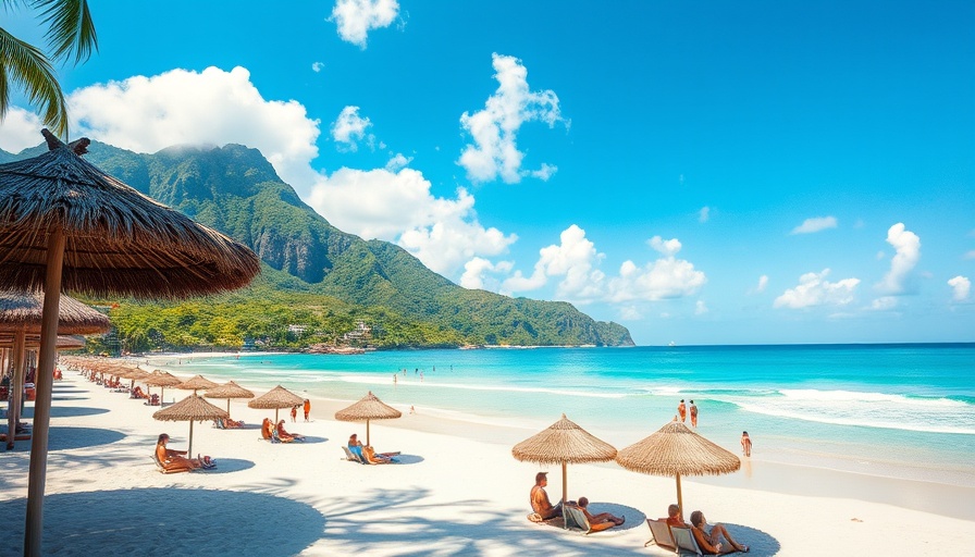 Idyllic Caribbean islands travel scene with palm trees and thatched umbrellas.