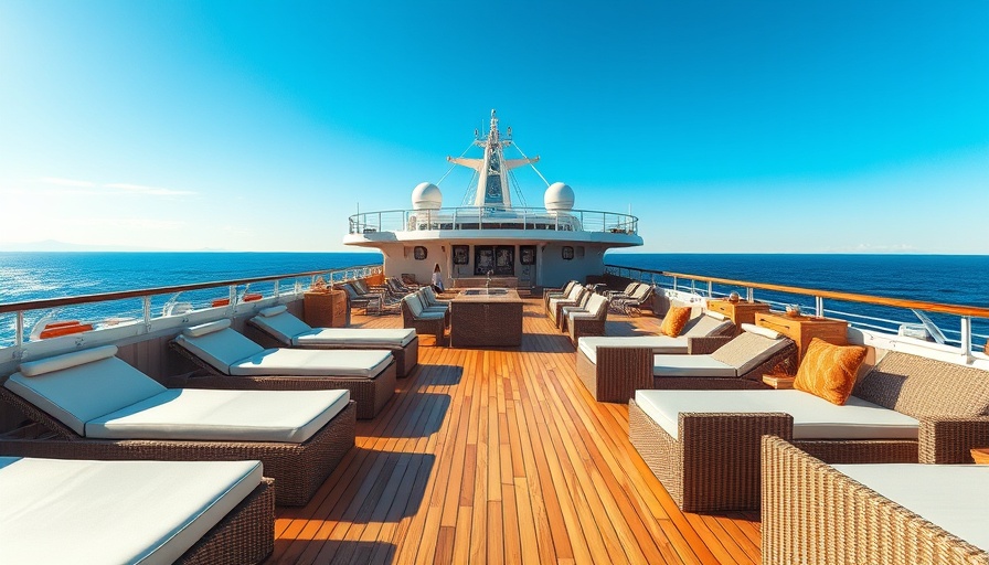Luxury cruise ship deck with pool and loungers under a clear sky.