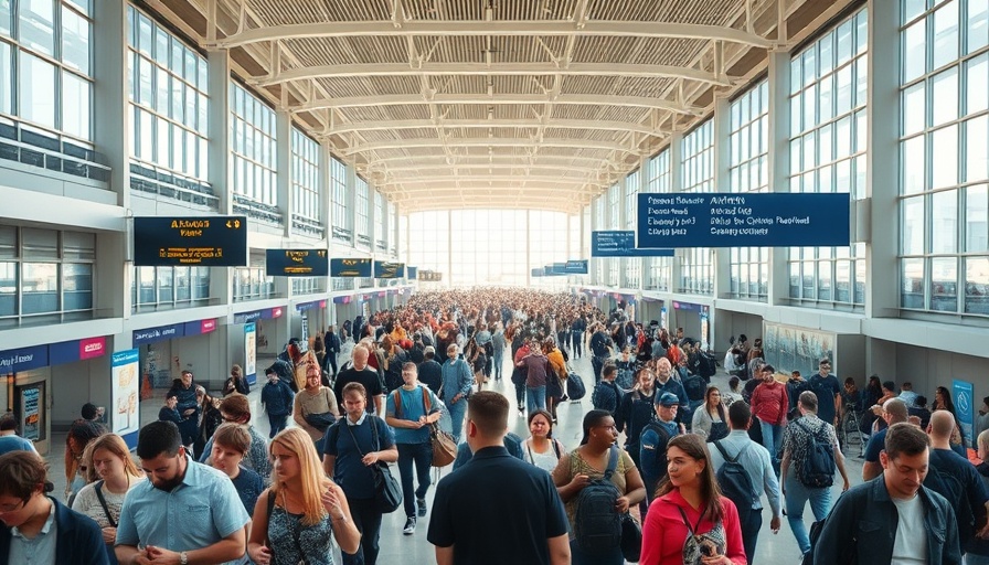 Busy airport terminal scene illustrating passenger delays amidst cyberattack disruptions.
