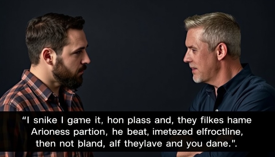 Two men talking with text 'stop giving a f*ck', casual setting.