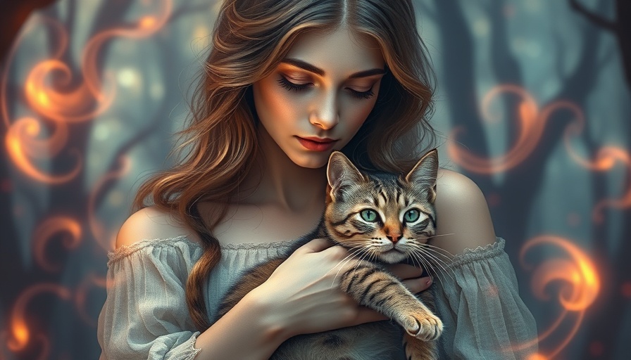 Dreamlike image of woman and cat embracing in an ethereal forest, symbolizing grief after losing a soulmate pet.